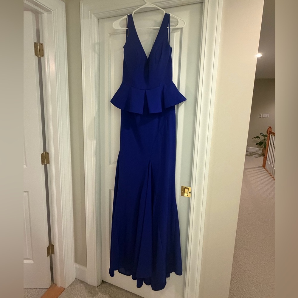 Morrell Maxie Deep V Peplum Prom Gown in Royal Blue